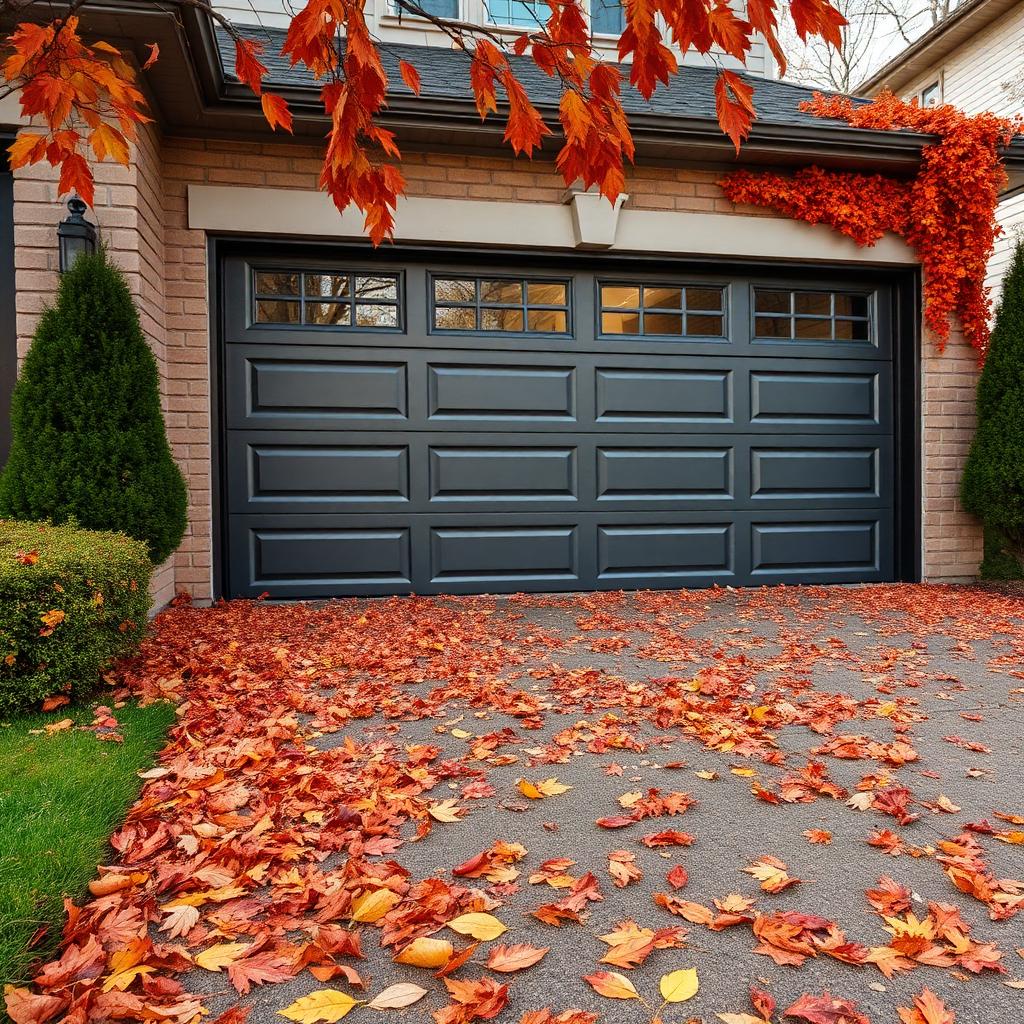 Homeowner performing fall maintenance on insulated garage door