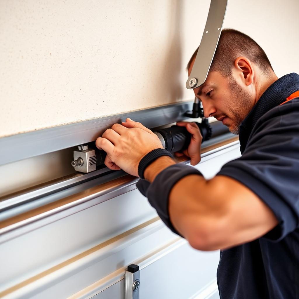 Technician checking garage door track alignment with level tool