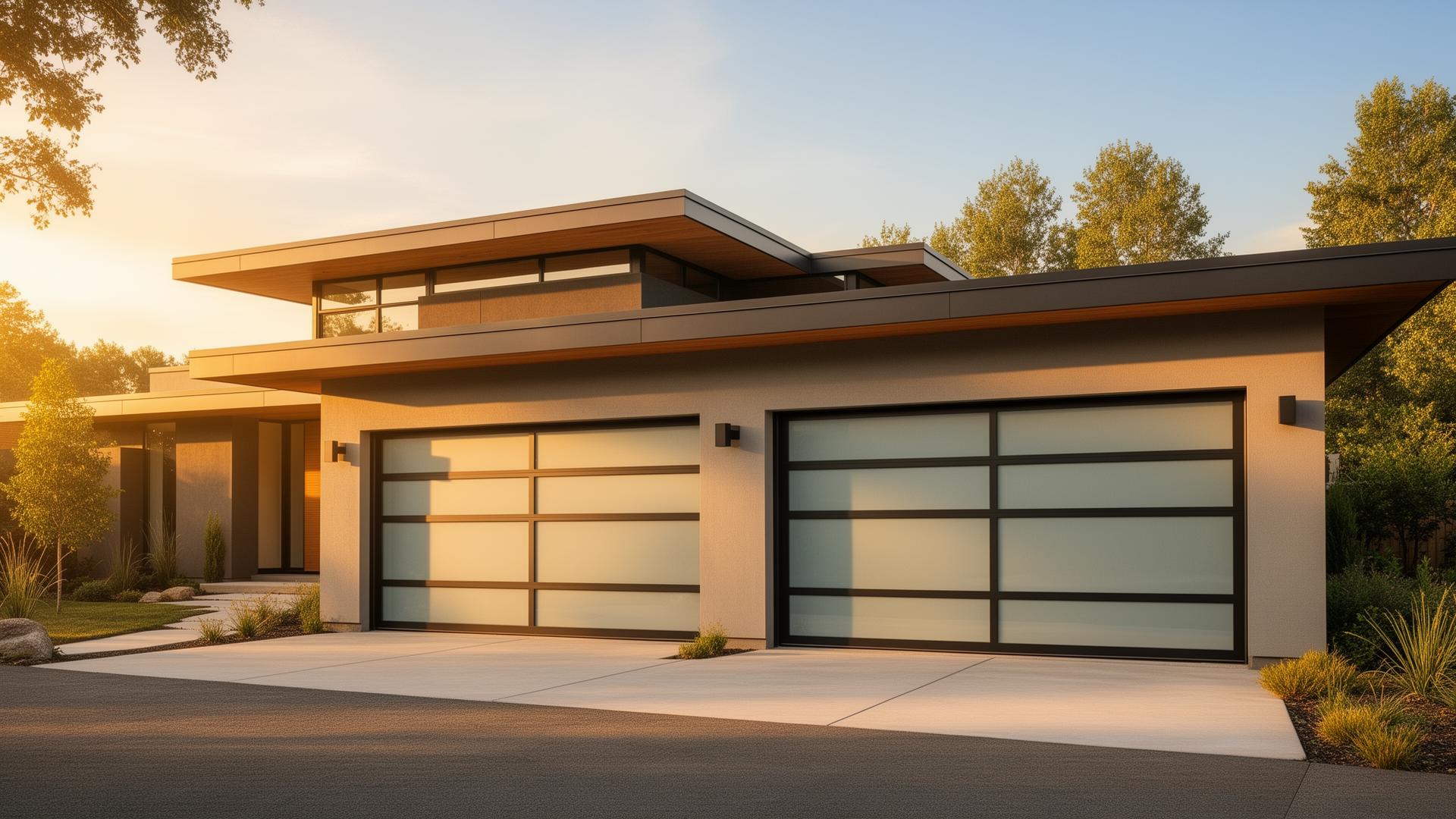 Modern sleek steel garage door with frosted glass panels on mid-century home